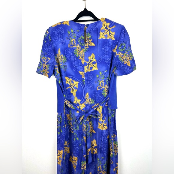 Vintage Lisa Jo Faux Vest Dress 10 Royal Blue Floral 80s 90s Modest Church Midi - Picture 6 of 6